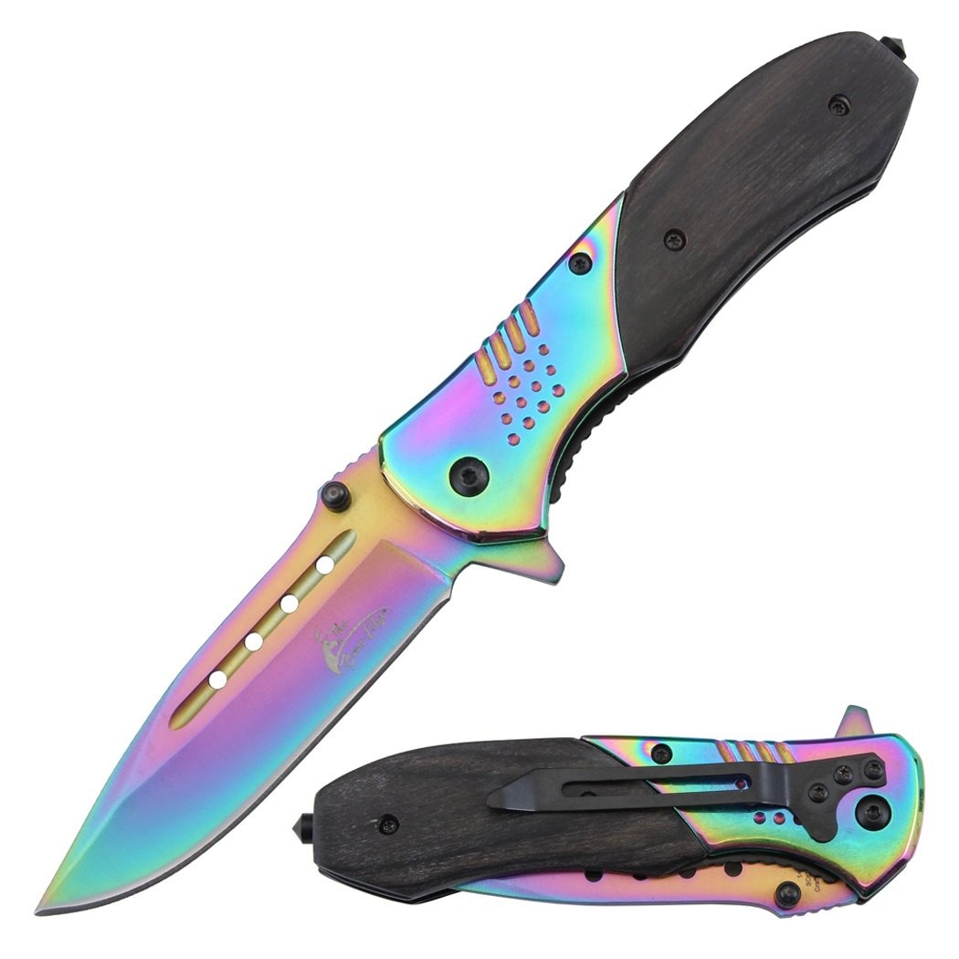 TheBoneEdge 8.5" All Rainbow Blade & Bolster Pakkawood Handle Spring Assisted Folding Knife 1016