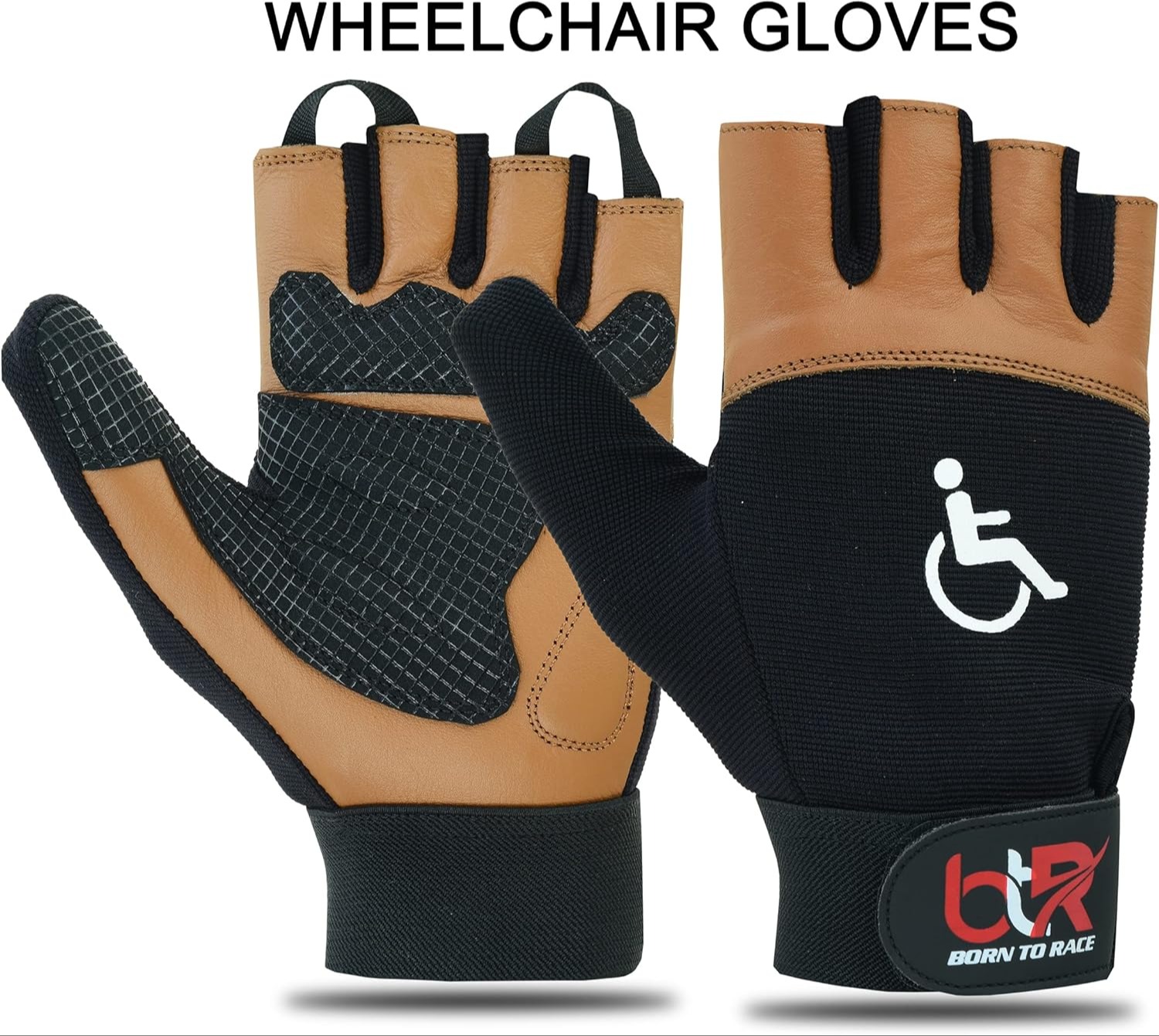 BTR BORN TO RACE Wheelchair Gloves for Men and Women | Workout Gloves | Fingerless Long Thumb Leather Palm 31