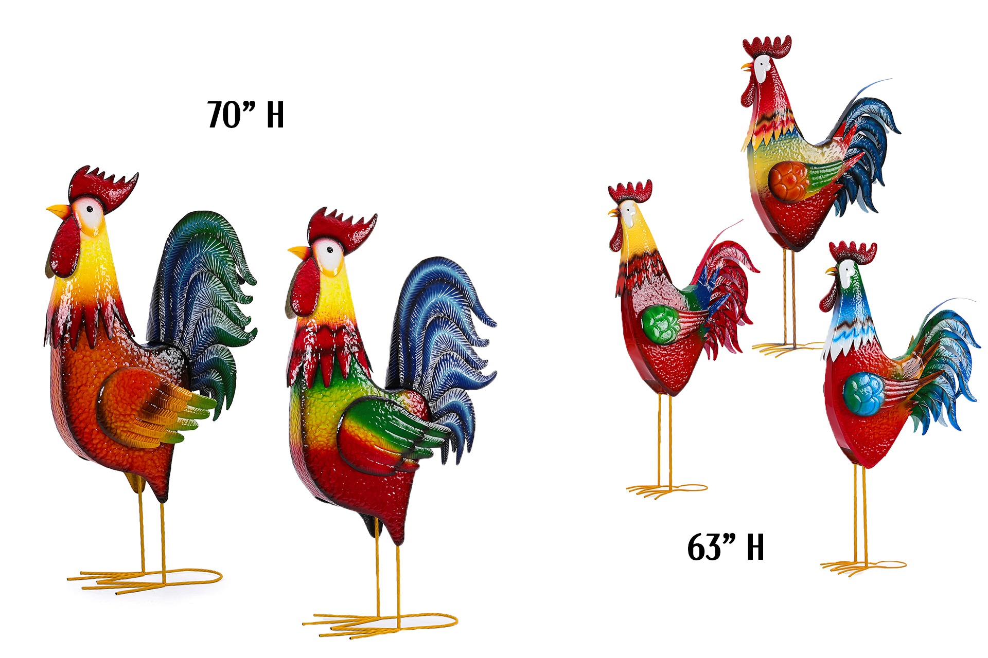 70" and 63" Metal Ornamental Roosters 458